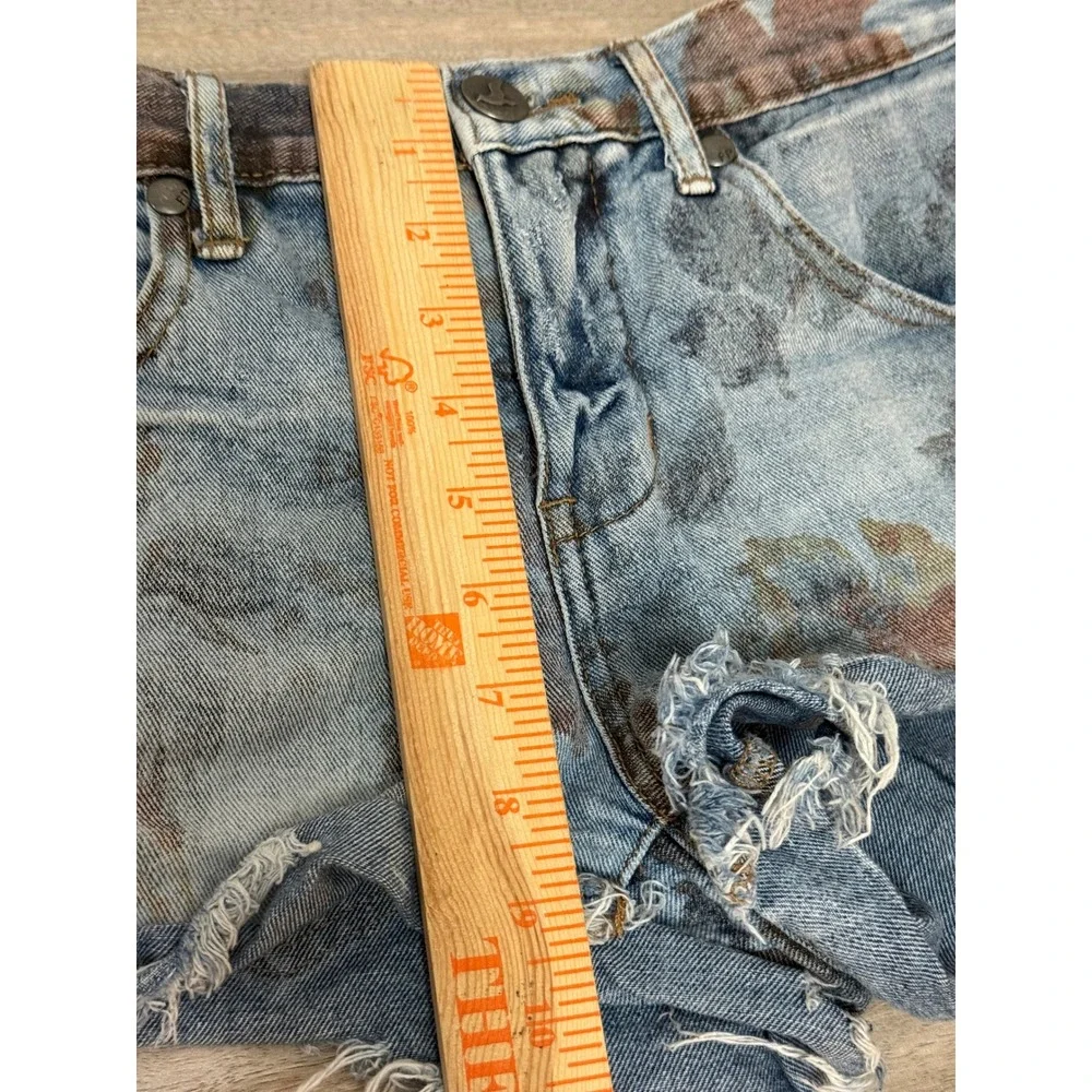 Free People Women Denim Shorts 27 Blue Floral Distressed Cut Off Boho Festival